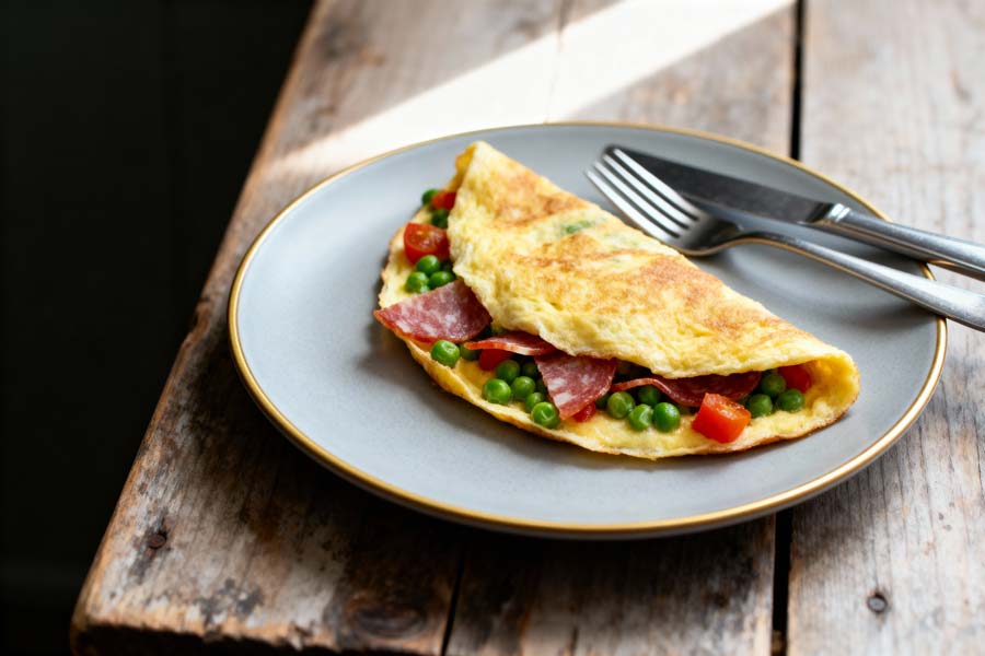 Gevulde Omelet met erwtjes, tomaten en salami