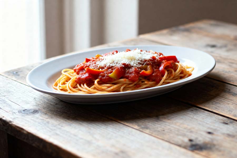 Spaghetti met tomaten-paprikasaus