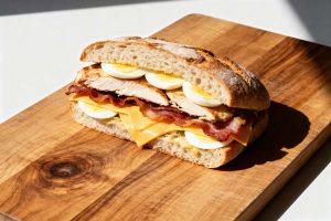 Broodje met kip, bacon, kaas en ei