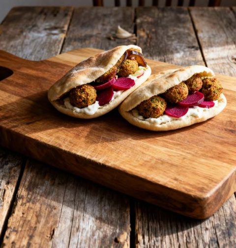 Pita met falafel, knoflooksaus en zoetzure bieten
