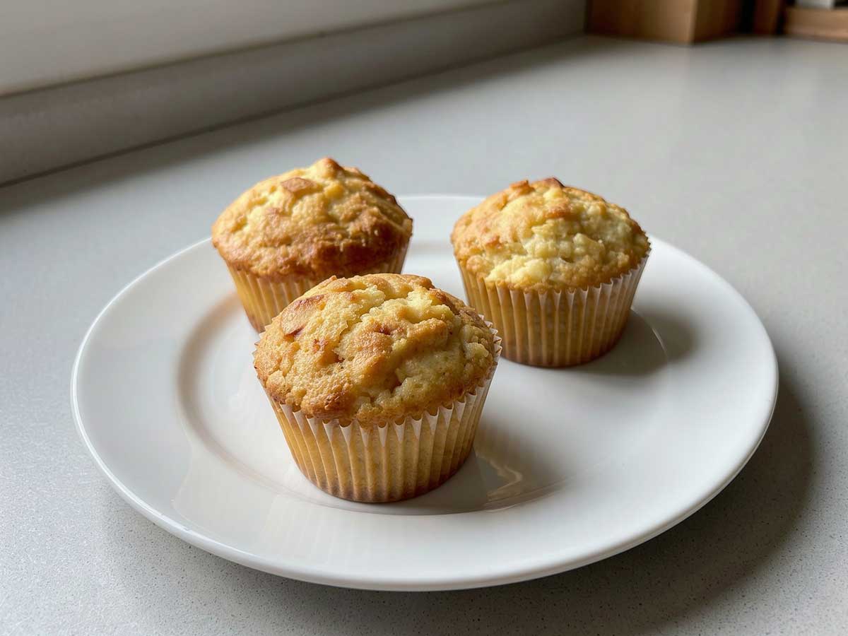 Een bord met daarop 3 appel-citroencupcakes.
