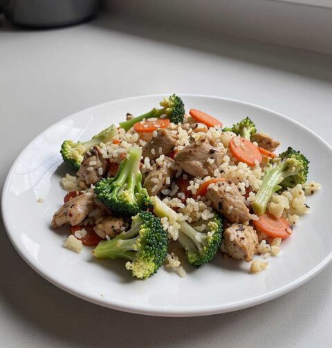 Een bord met daarop wokschotel met kip, broccoli, wortel, bloemkoolrijst.