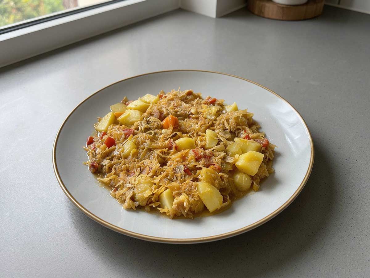 Een bord met daarop een portie zuurkool tropical.
